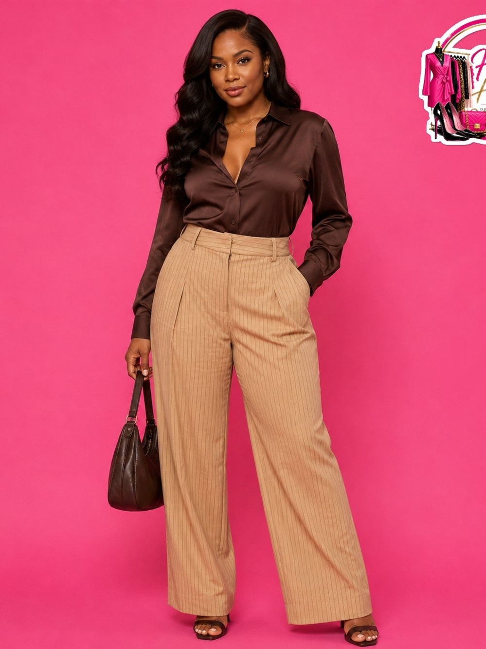 Wide-Leg Pinstripe Trousers in Tan